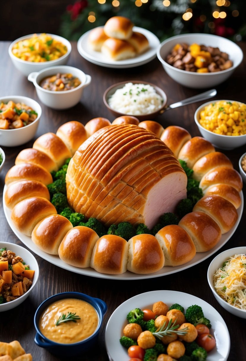 A platter of Parker House rolls surrounded by 20 different side dishes, ready to accompany a ham